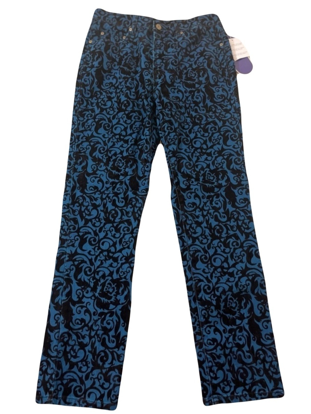 Diane Gilman Jeans - Women's 8 Blue Black - Floral Velvet Burnout 5 Pocket